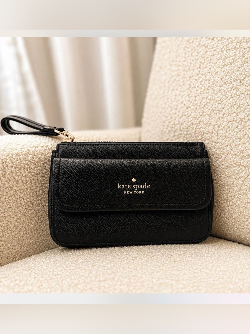 Like New ~ Kate Spade Black Leather Wristlet W/ Gold Logo